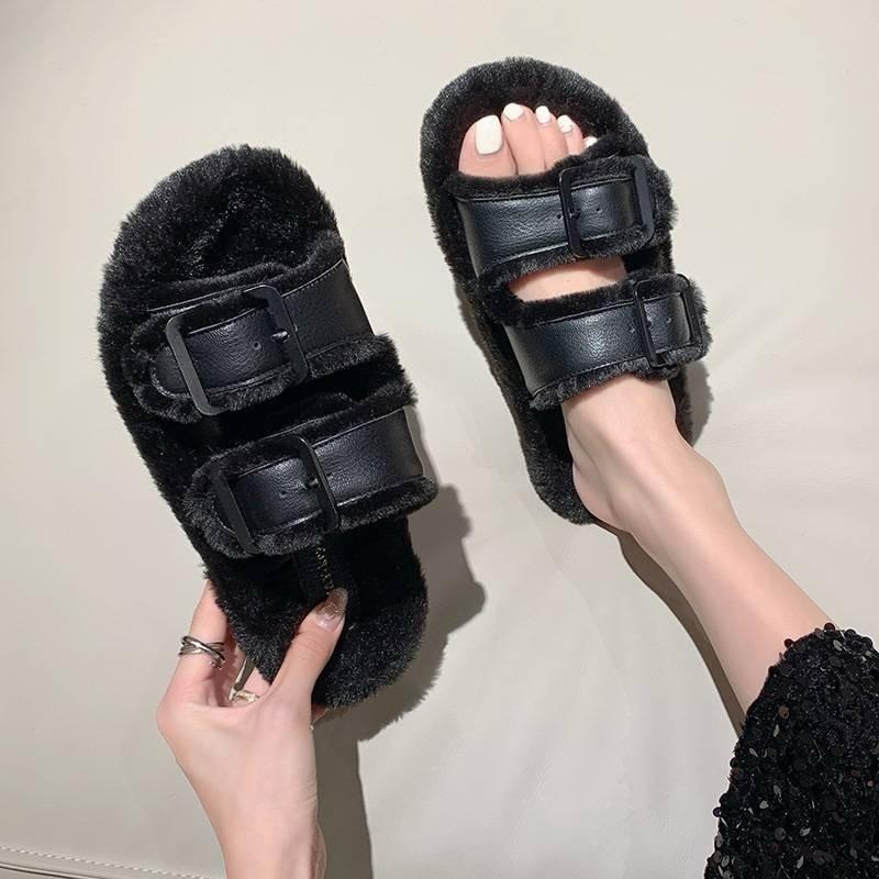 【leleshop】韓版時尚雙帶室內拖鞋 居家拖鞋 毛毛拖鞋 穆勒拖鞋 厚底拖鞋 懶人拖鞋 #951-細節圖5