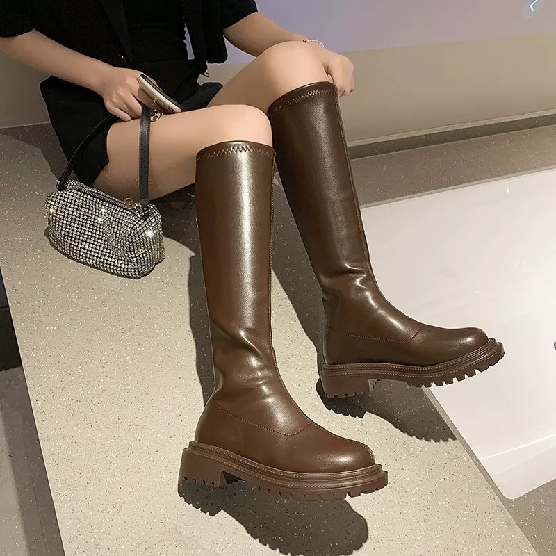 超熱銷款韓妞必備高筒長靴 軟皮長靴 四季可穿女靴 素面厚底長靴 低跟長靴 #8770-細節圖9