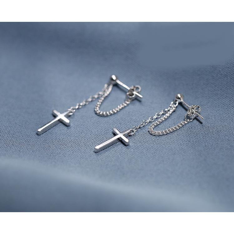 B977．十字架鏈條耳墜  韓版超酷暗黑系耳環 耳墜 耳飾 耳釘 耳扣 不褪色 抗敏耳針 防過敏 日韓版銀飾飾品-細節圖3