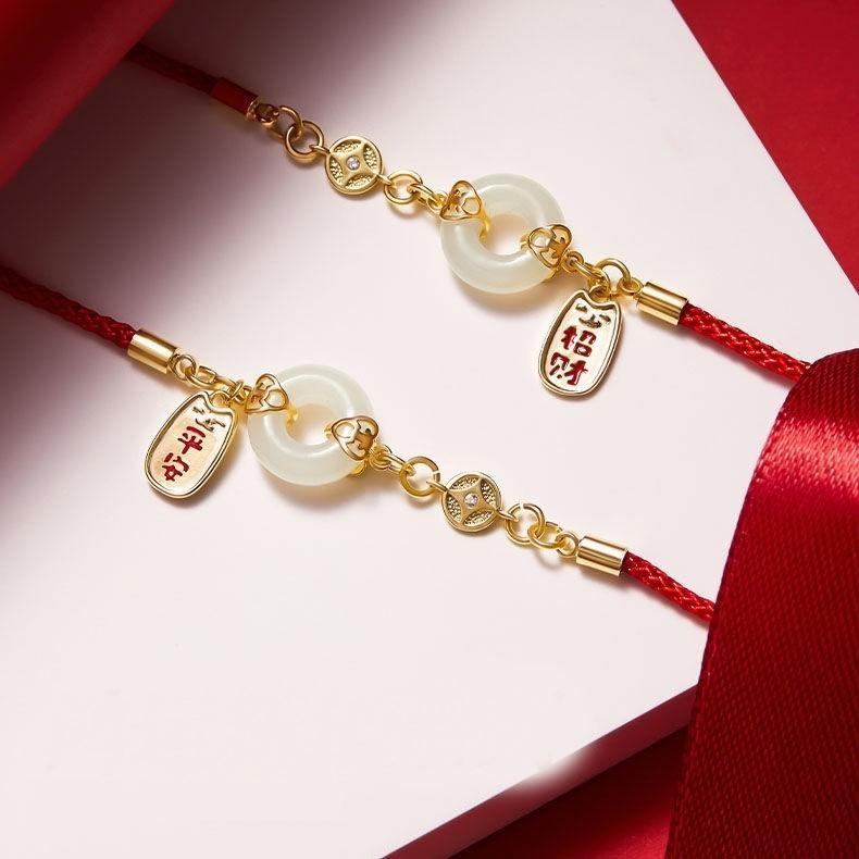 B1054．招財和闐玉手鍊 平安扣手繩 招財手鍊 本命年避邪護身 好運紅繩手鍊  防小人 避邪除穢 開運祈福 農曆七月-細節圖5