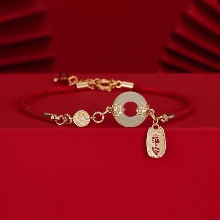 B1054．招財和闐玉手鍊 平安扣手繩 招財手鍊 本命年避邪護身 好運紅繩手鍊  防小人 避邪除穢 開運祈福 農曆七月-細節圖7