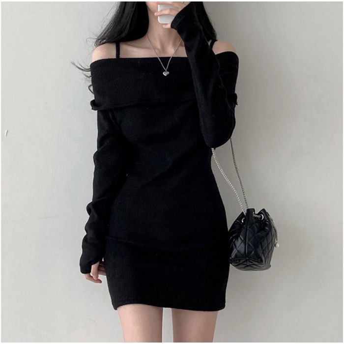 F294✨韓系/初秋！一字領針織洋裝/貼身/性感/連身裙/小個子女孩/甜美/鏤空/一字肩/韓國/露肩/吊帶/日常-細節圖5