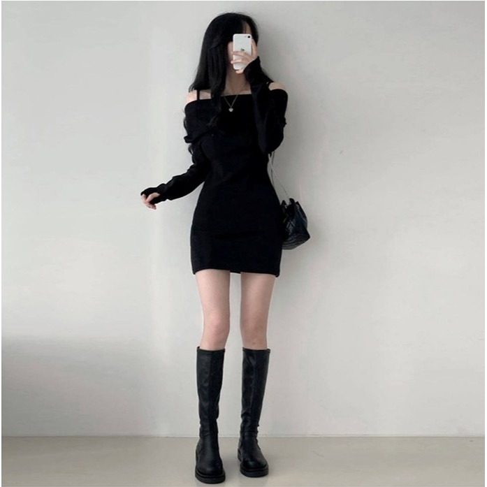 F294✨韓系/初秋！一字領針織洋裝/貼身/性感/連身裙/小個子女孩/甜美/鏤空/一字肩/韓國/露肩/吊帶/日常-細節圖8