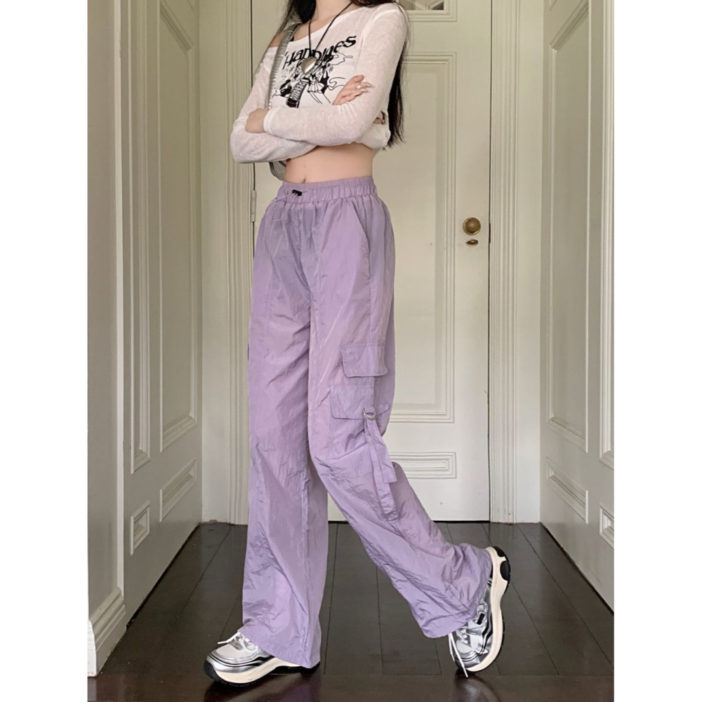 A113✨美式/多巴胺穿搭/工裝褲/Y2K/紫色/休閒長褲/縮口褲/口袋/刷刷褲/涮涮褲/尼龍/快乾褲/防曬/長褲/直筒-細節圖6