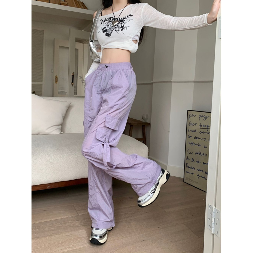 A113✨美式/多巴胺穿搭/工裝褲/Y2K/紫色/休閒長褲/縮口褲/口袋/刷刷褲/涮涮褲/尼龍/快乾褲/防曬/長褲/直筒-細節圖7