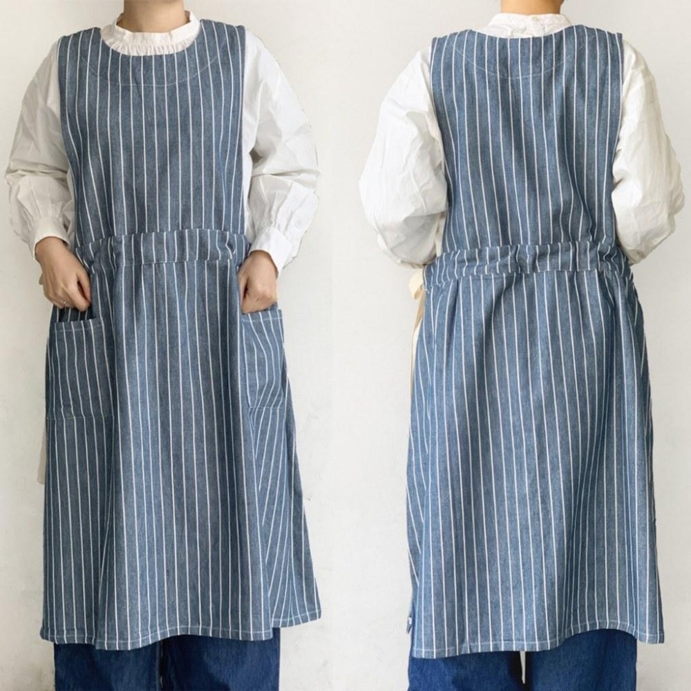 ｜隱隱選物｜【現貨】限量-回饋-優惠-長款 海軍藍條紋圍裙 無袖-細節圖2