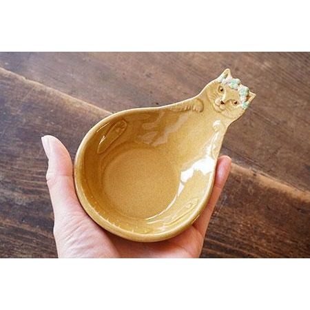 隱隱選物｜【現貨】益子燒 吉澤窯/職人手作 貓咪頭上戴花圈飯勺盤 橢色-細節圖3
