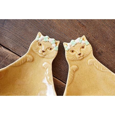 隱隱選物｜【現貨】益子燒 吉澤窯/職人手作 貓咪頭上戴花圈飯勺盤 橢色-細節圖4