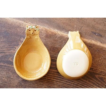 隱隱選物｜【現貨】益子燒 吉澤窯/職人手作 貓咪頭上戴花圈飯勺盤 橢色-細節圖6