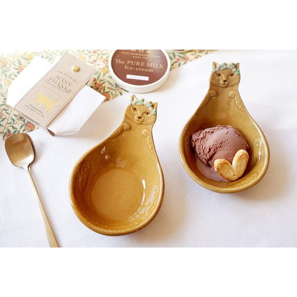 隱隱選物｜【現貨】益子燒 吉澤窯/職人手作 貓咪頭上戴花圈飯勺盤 橢色-細節圖7