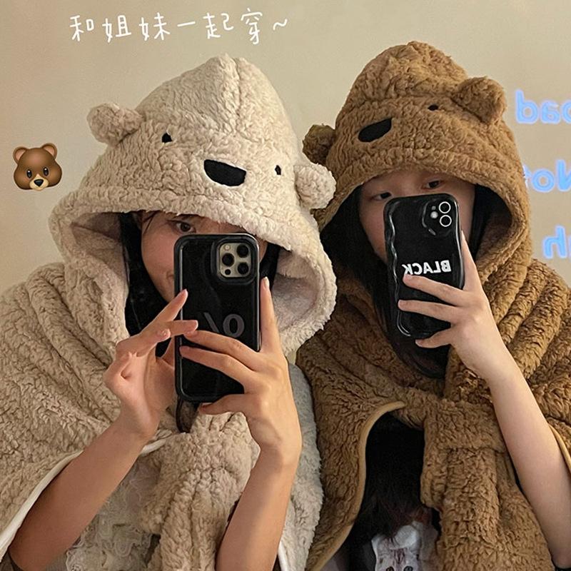 小熊絨毛披肩斗篷【酪旅子】披風毛毯 保暖毛毯 帶帽斗篷 小熊毛毯 披肩 披風斗篷 披肩 冬季防寒 午睡毯 【0250】-細節圖3