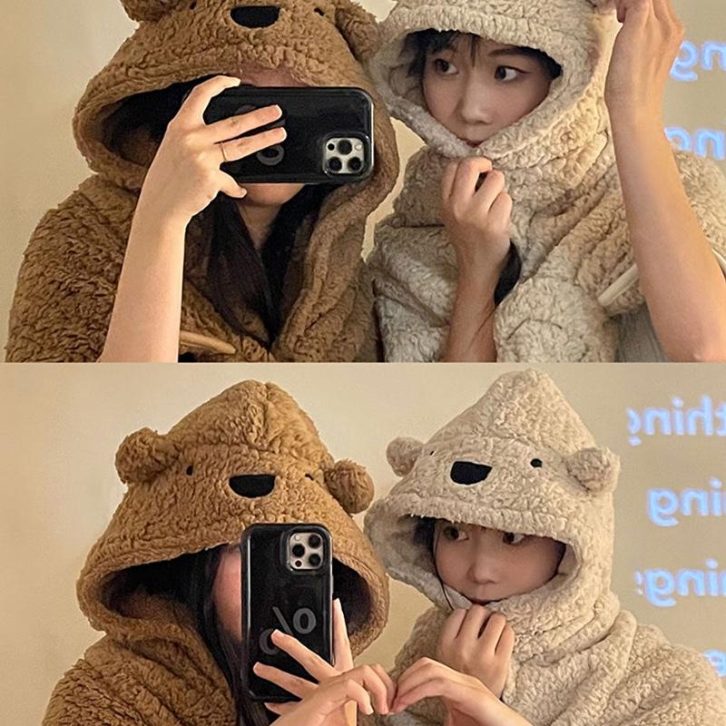 小熊絨毛披肩斗篷【酪旅子】披風毛毯 保暖毛毯 帶帽斗篷 小熊毛毯 披肩 披風斗篷 披肩 冬季防寒 午睡毯 【0250】-細節圖6