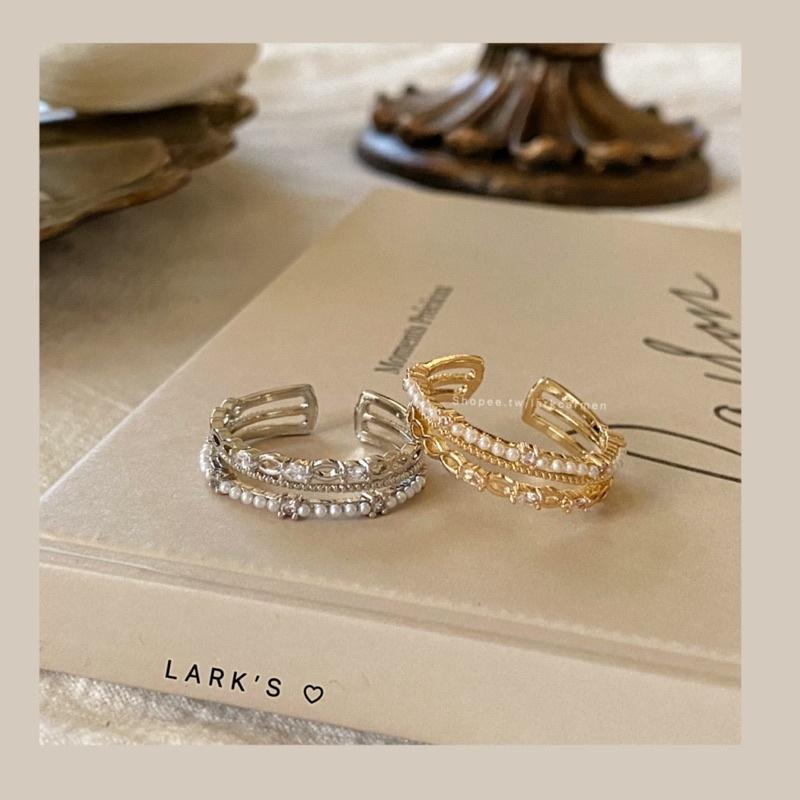 𝗟𝗔𝗥𝗞＇𝗦 ♡ 現貨｜合金 闆娘自留🪞輕奢馬眼鑽珍珠排鑽 戒指 開口戒指｜2色-細節圖3