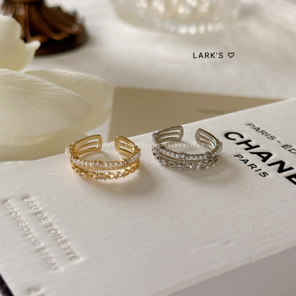 𝗟𝗔𝗥𝗞＇𝗦 ♡ 現貨｜合金 闆娘自留🪞輕奢馬眼鑽珍珠排鑽 戒指 開口戒指｜2色-細節圖4