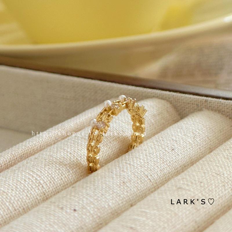 𝗟𝗔𝗥𝗞＇𝗦 ♡ 現貨｜合金 輕奢質感 珍珠鋯石雙鍊 戒指 開口戒指-細節圖5