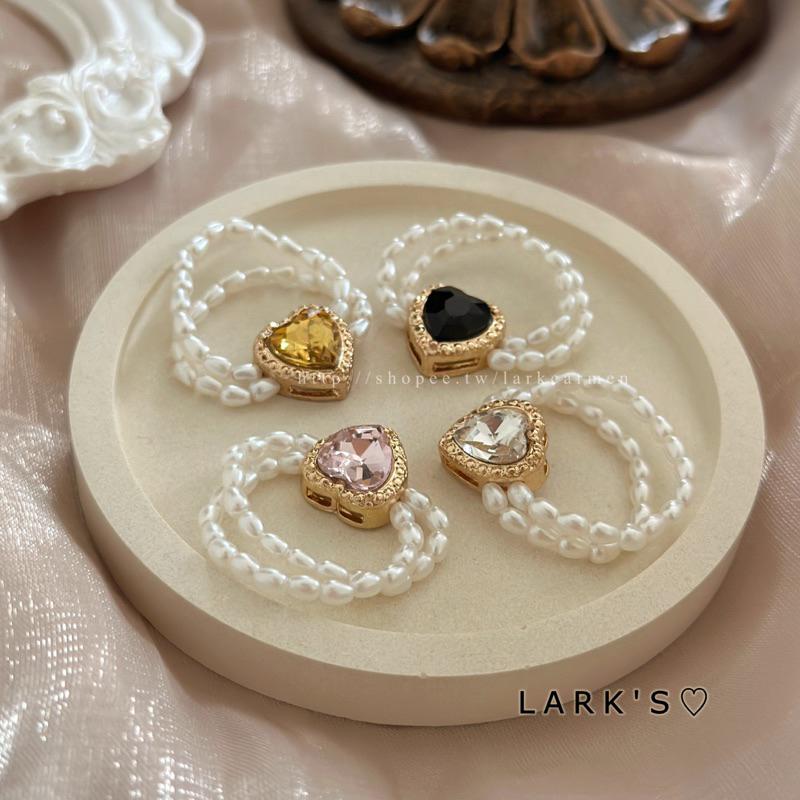 𝗟𝗔𝗥𝗞＇𝗦 ♡ 現貨｜特惠款⭐巴洛克式 復古仿愛心鑽雙層珍珠戒指｜𝟒色-細節圖2