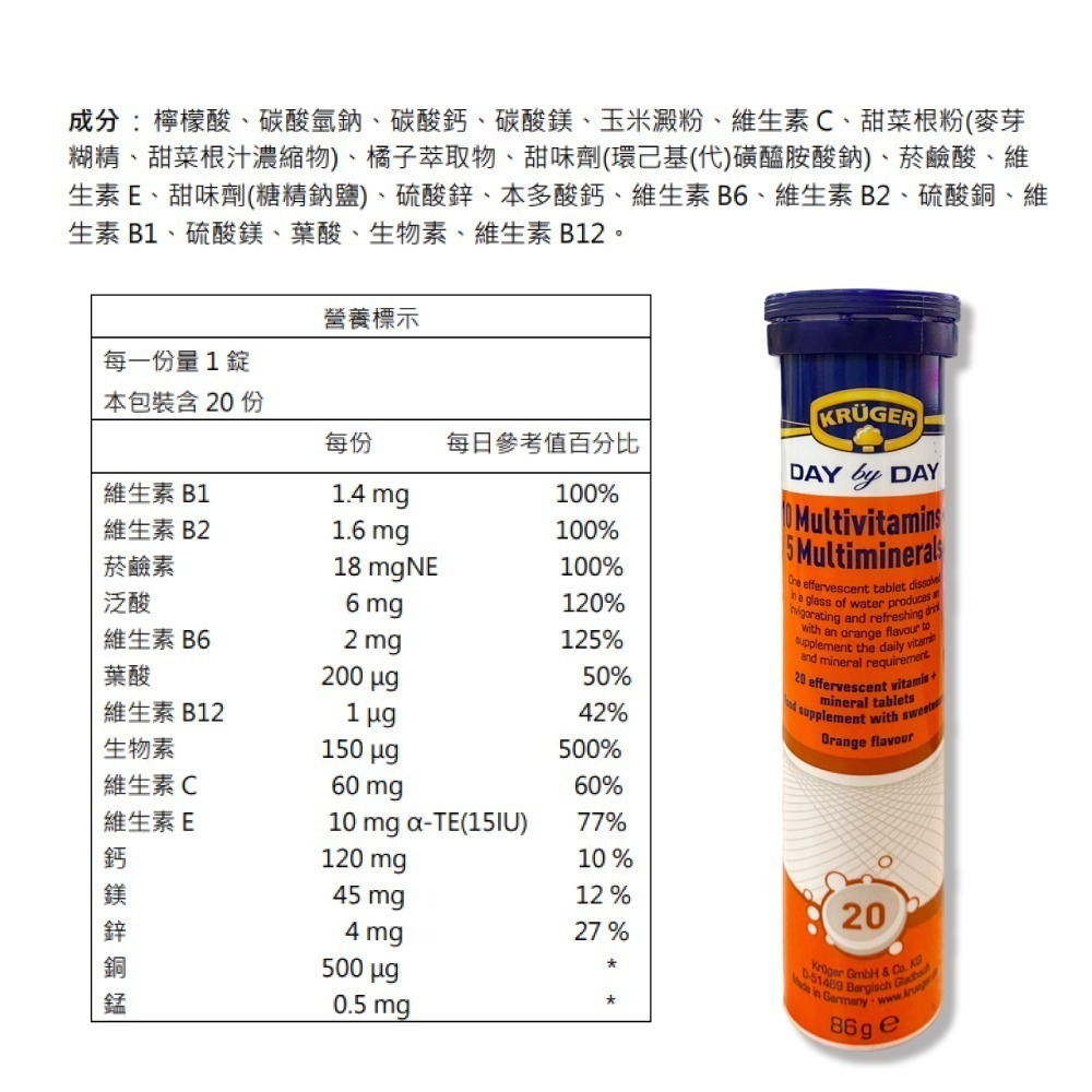 KRUGER 克魯格維他命發泡錠 維他命C/維他命B群/維他命鎂/10種維他命+5種礦物質 專品藥局-細節圖4