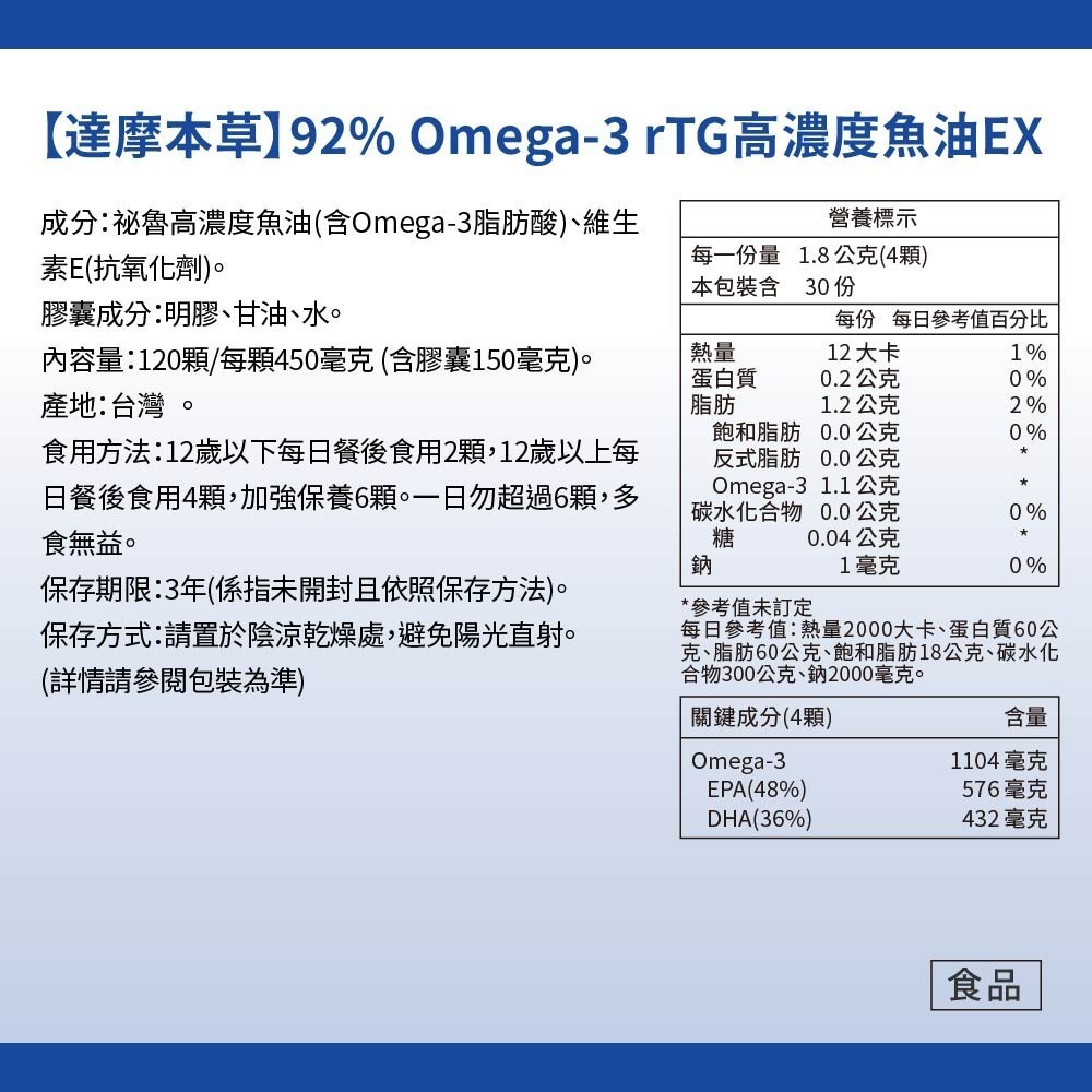 達摩本草 92％Omega3 rTG高濃度魚油EX 120顆/盒 (迷你好吞 低腥味) 專品藥局【2026933】-細節圖3