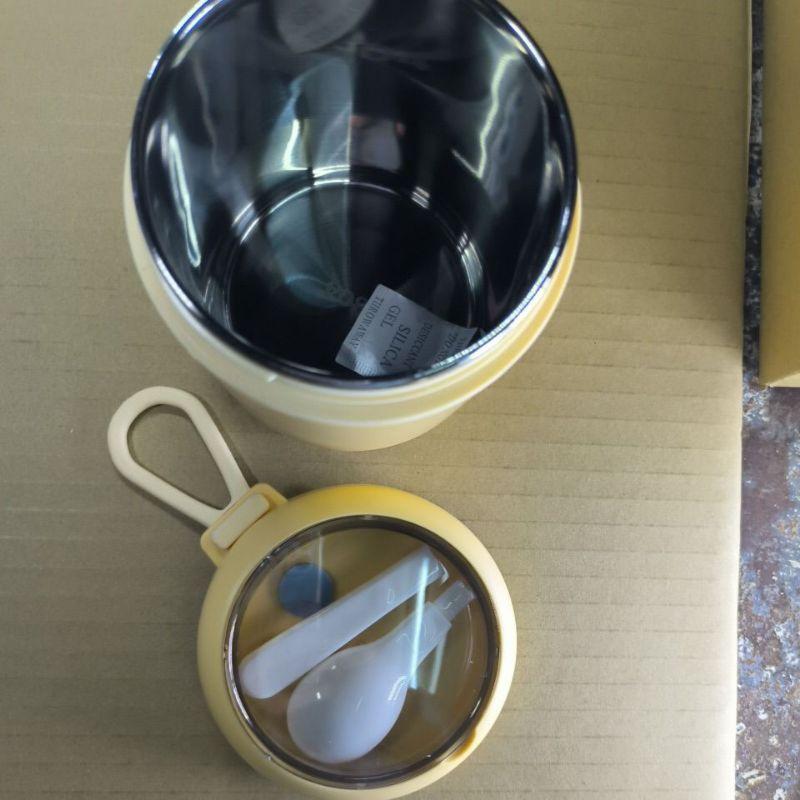 TINGMI小舖 304不銹鋼早餐杯湯杯帶蓋勺便攜燕麥杯密封牛奶杯豆漿杯湯罐-細節圖3