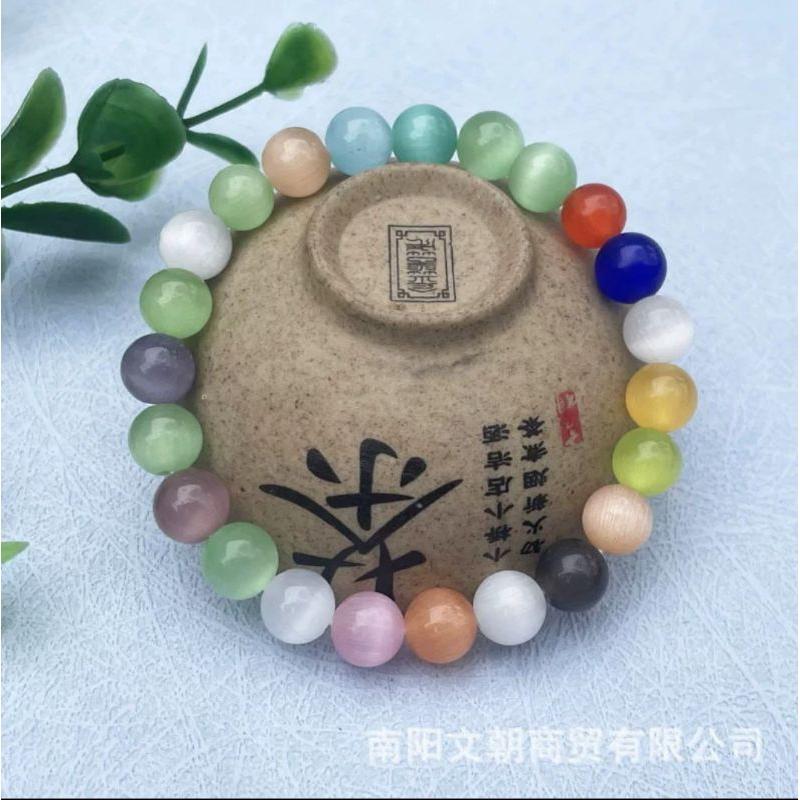 TINGMI小舖 七彩色貓眼石圓珠手串8MM-細節圖3