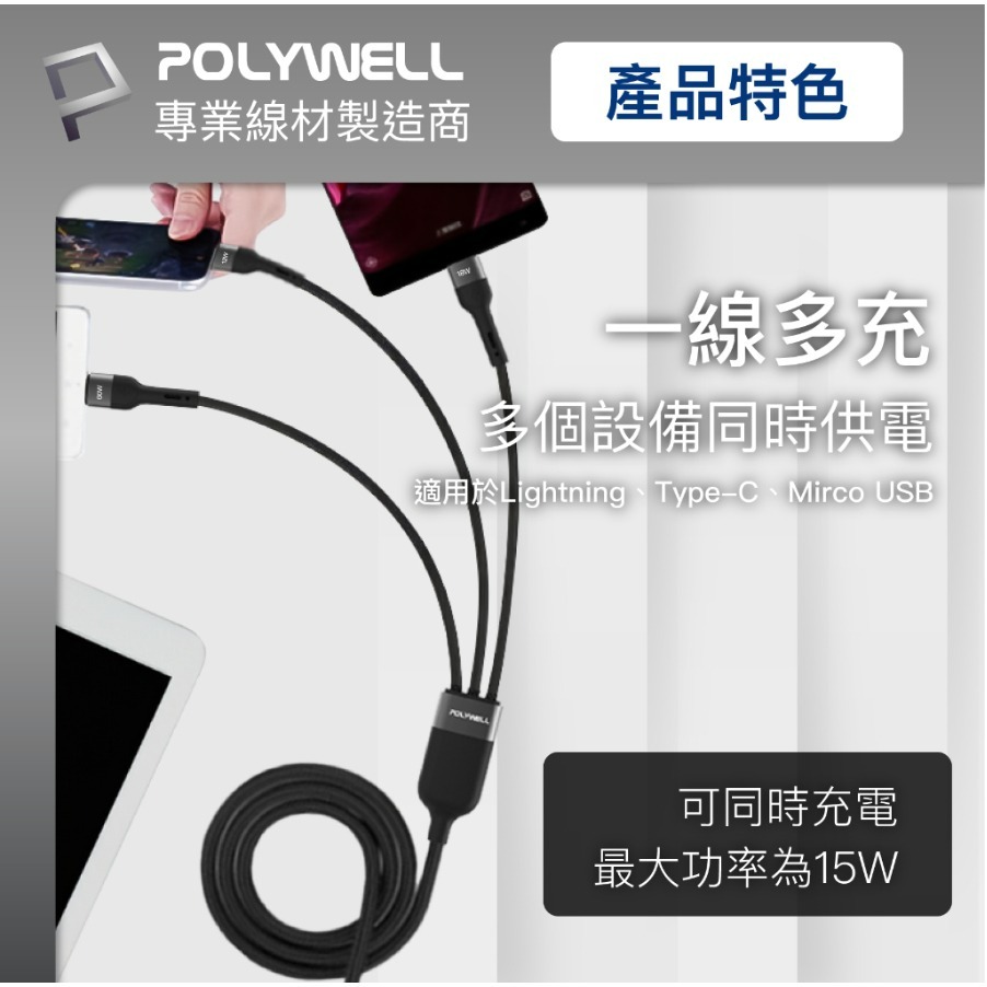 POLYWELL 二拖三PD編織快充線 五合一 USB+C+Lightning+Micro 1米 寶利威爾 臺灣現貨-細節圖7