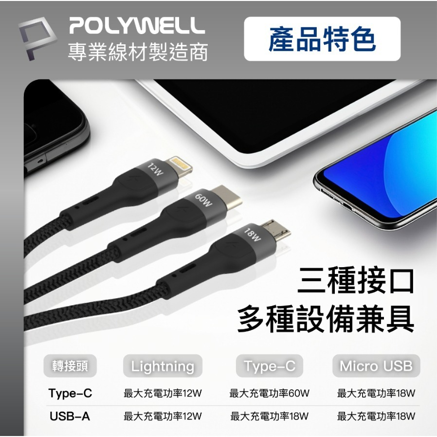 POLYWELL 二拖三PD編織快充線 五合一 USB+C+Lightning+Micro 1米 寶利威爾 臺灣現貨-細節圖8