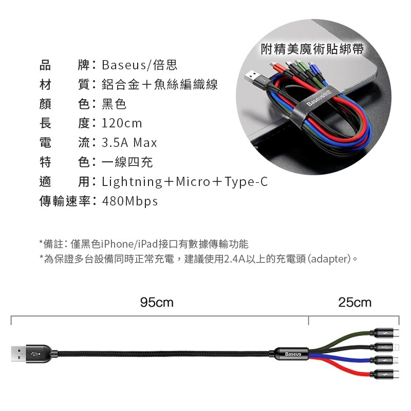 【倍思Baseus】一拖四充電傳輸線 四合一充電線 一線多充線 蘋果 iPhone iPad 安卓 TYPEC線-細節圖9