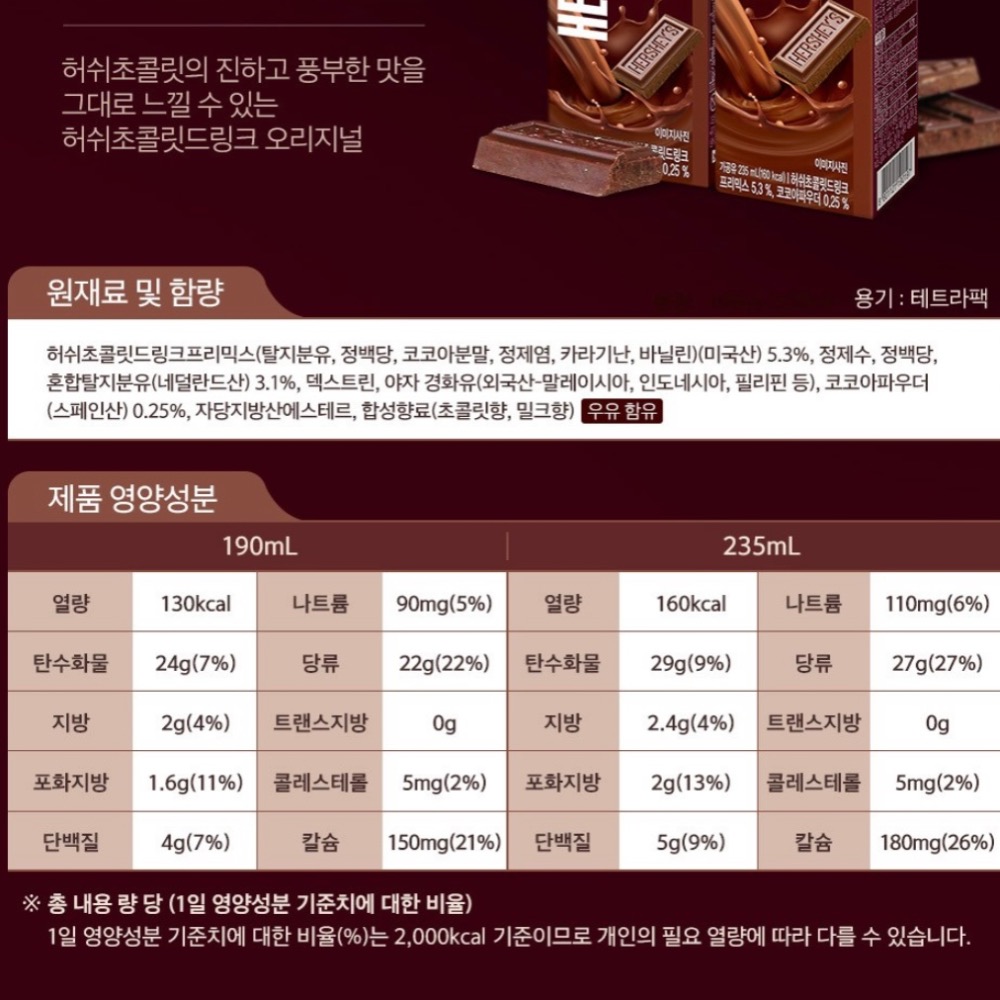 BTS Jin金碩珍同款💜HERSHEY’S 原味巧克力飲190ml-細節圖2