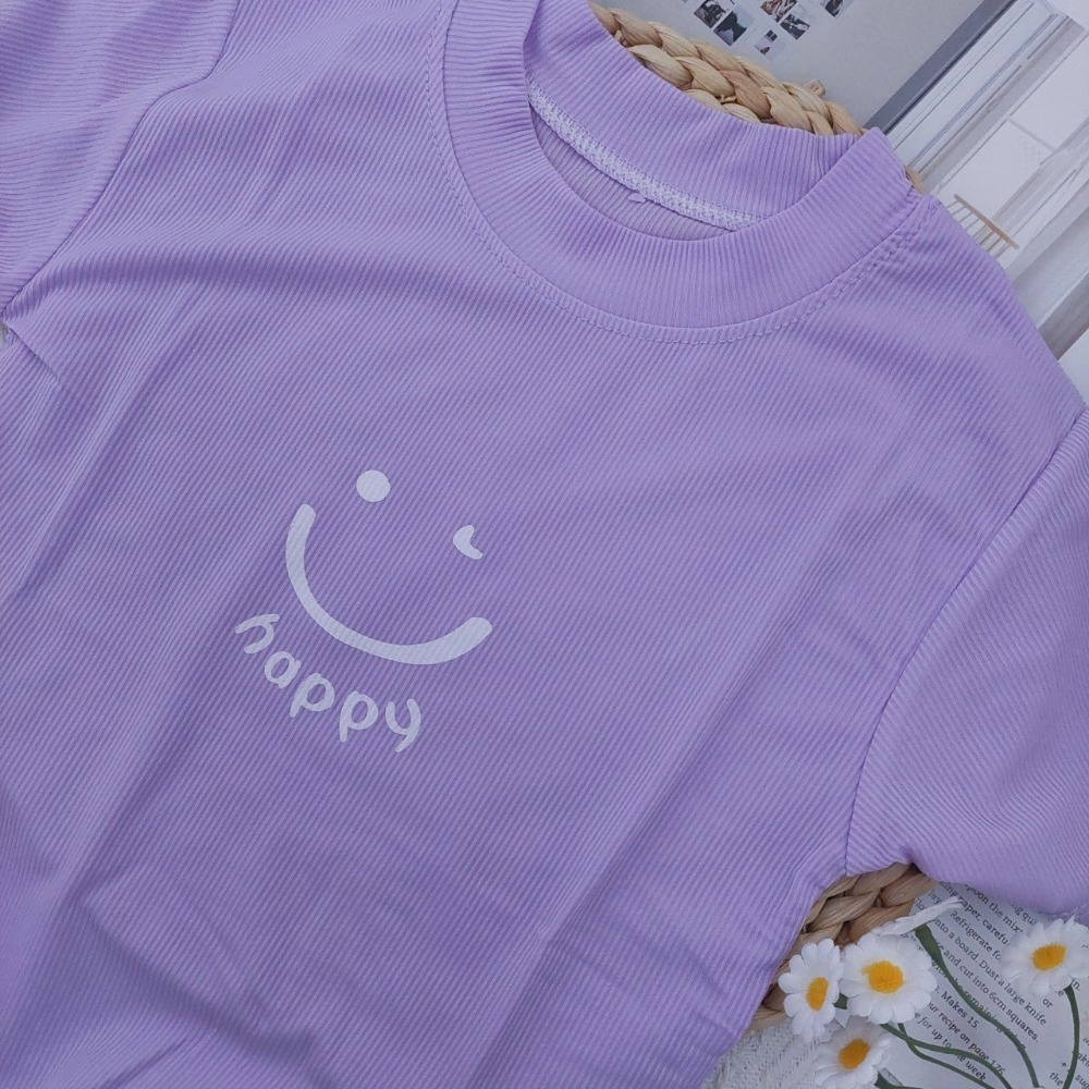 簡約冰絲T恤-紫色HAPPY笑臉