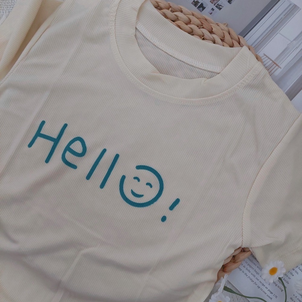 簡約冰絲T恤-米黃色HELLO