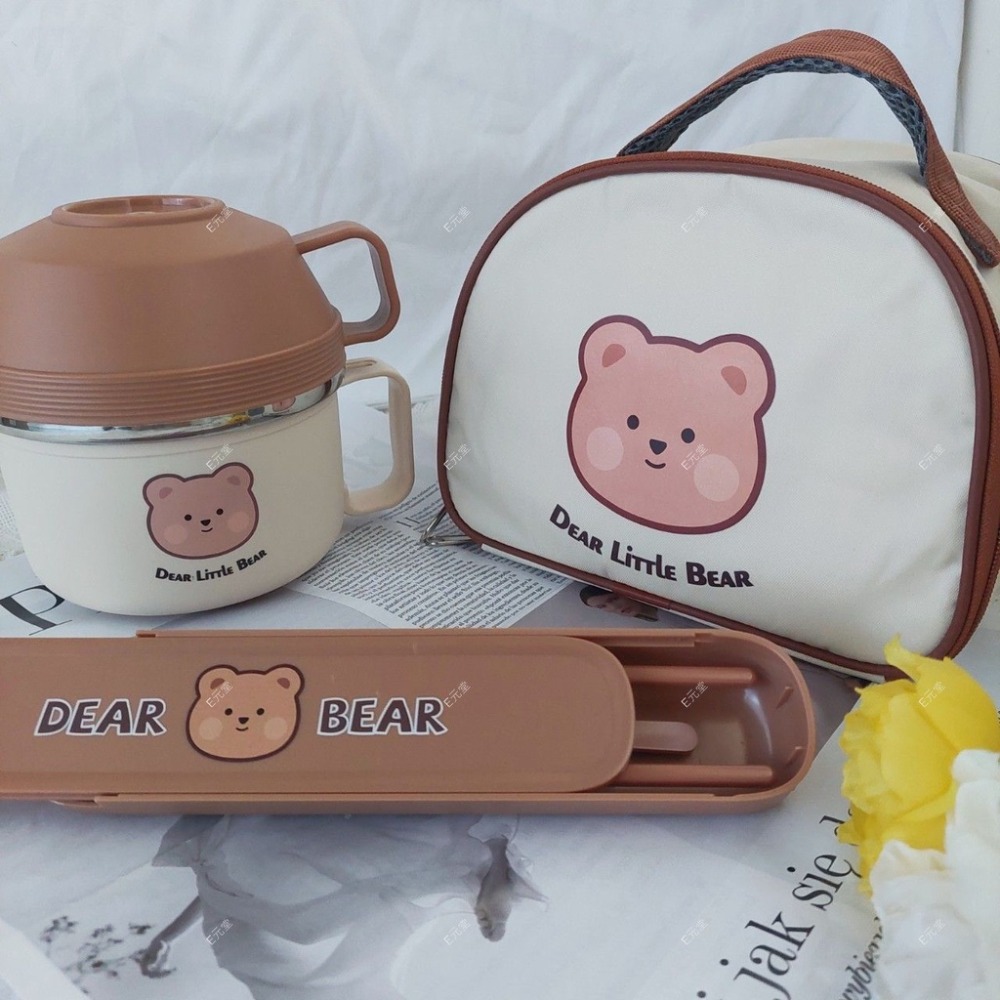 小熊撞色泡麵碗+保溫袋+咖啡304餐具組
