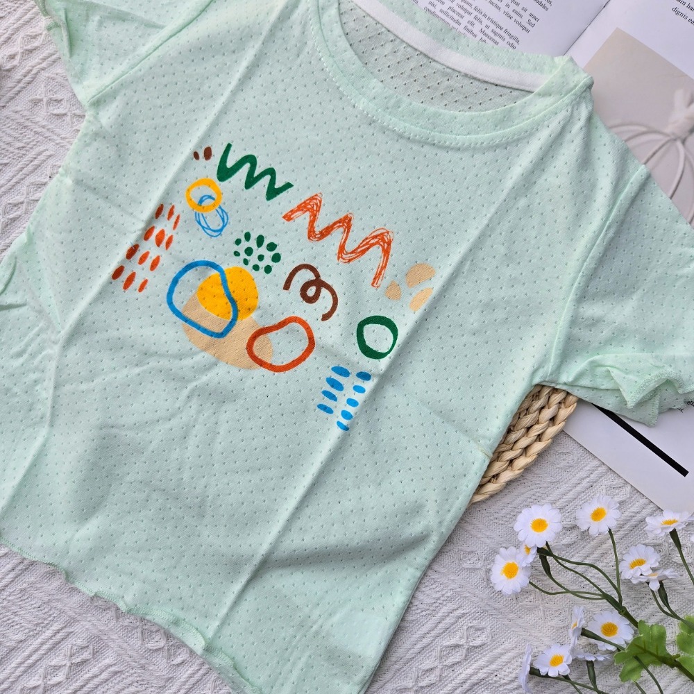 短袖網眼印花上衣-綠色