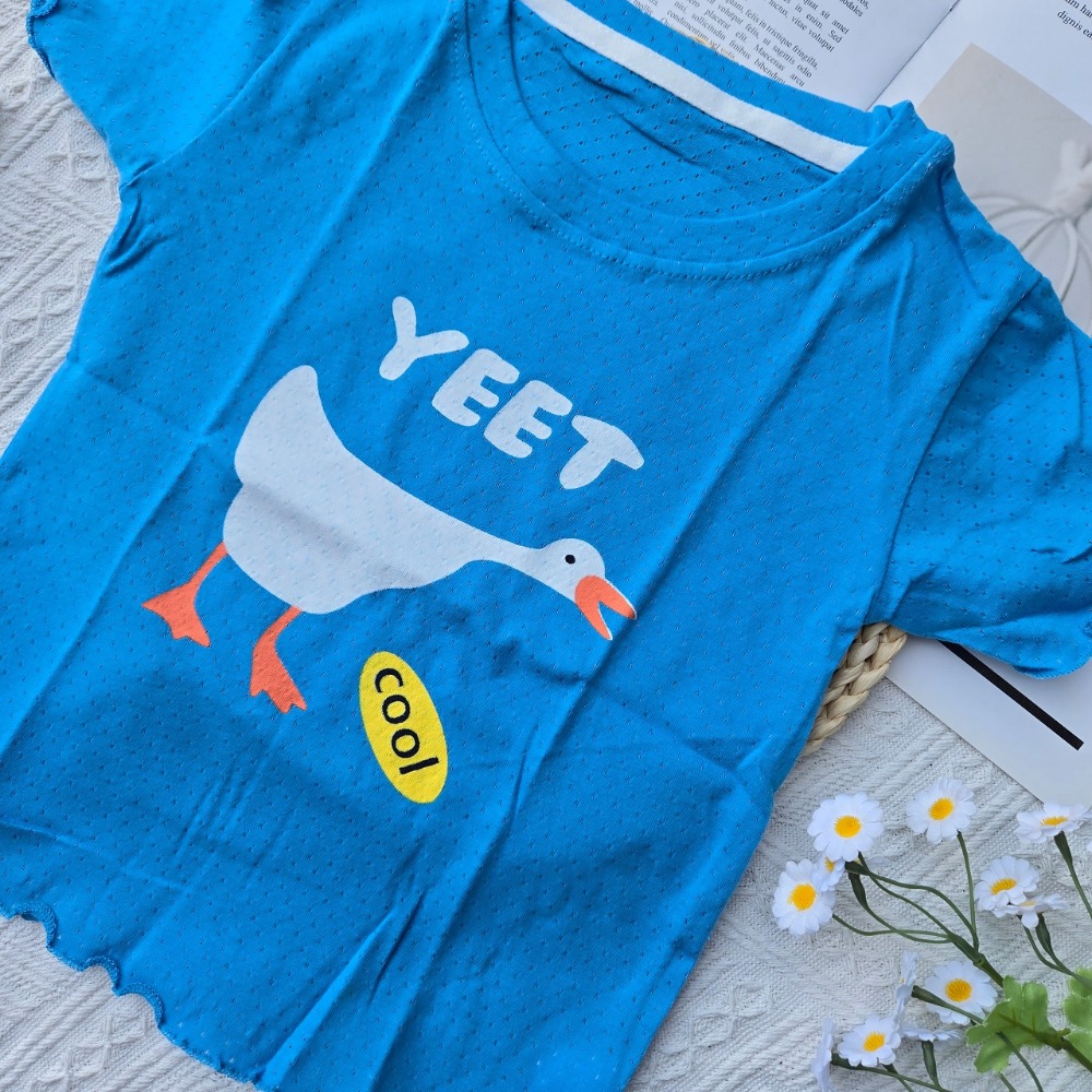 短袖網眼印花上衣-藍色