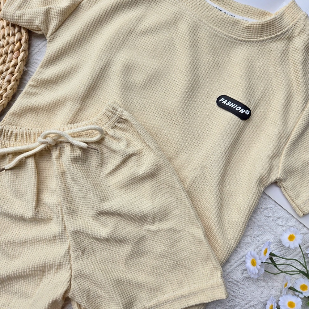 華夫格休閒套裝-米白色