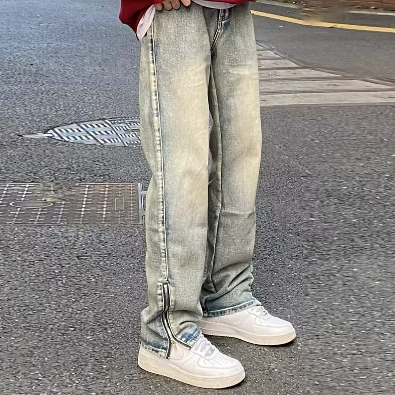 『癮品流行』夏季長褲 水洗做舊復古黃泥牛仔褲 束口褲 直筒褲 長褲男側邊拉鏈  S-3XL-細節圖5