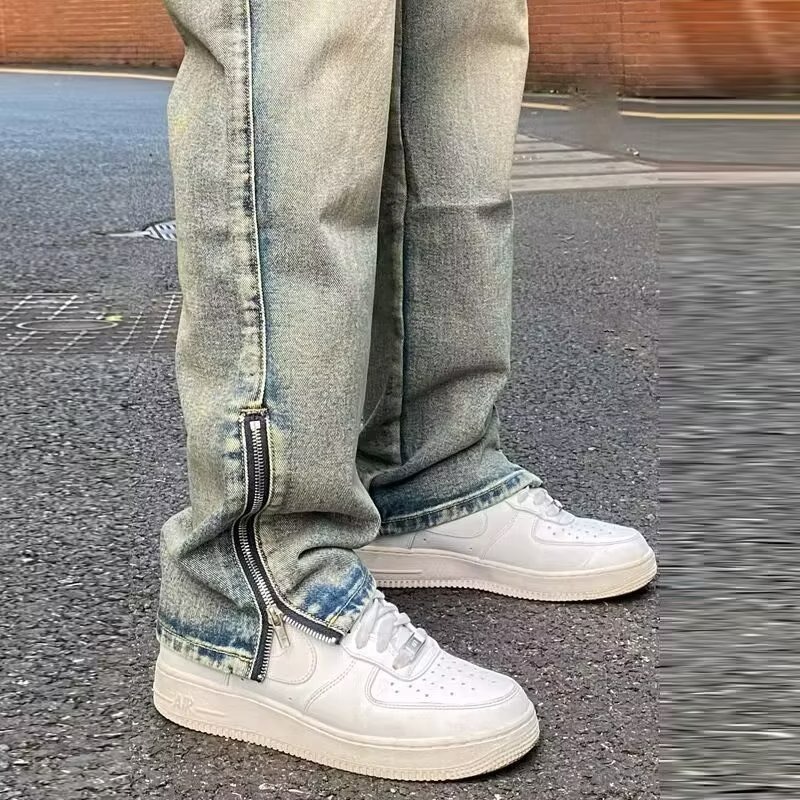 『癮品流行』夏季長褲 水洗做舊復古黃泥牛仔褲 束口褲 直筒褲 長褲男側邊拉鏈  S-3XL-細節圖6