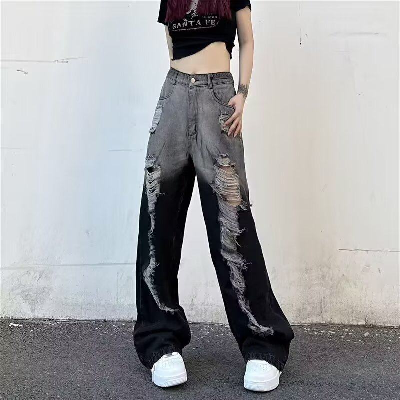 『癮品流行』美式漸變色破洞牛仔褲 設計感直筒褲 長褲寬鬆顯瘦 闊腿褲 男女同款 S-3XL-細節圖4