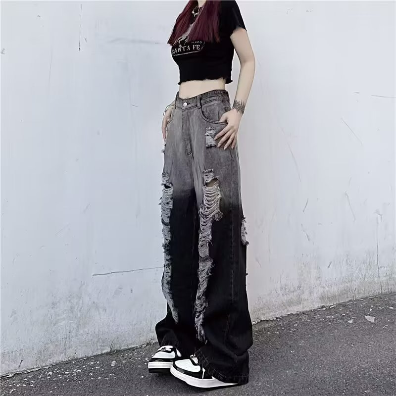 『癮品流行』美式漸變色破洞牛仔褲 設計感直筒褲 長褲寬鬆顯瘦 闊腿褲 男女同款 S-3XL-細節圖5