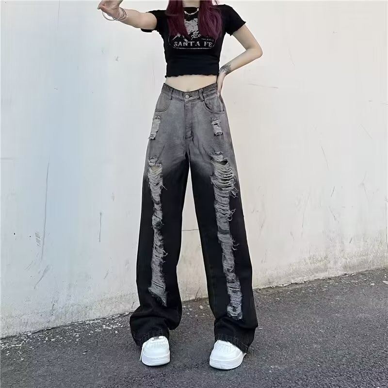 『癮品流行』美式漸變色破洞牛仔褲 設計感直筒褲 長褲寬鬆顯瘦 闊腿褲 男女同款 S-3XL-細節圖6