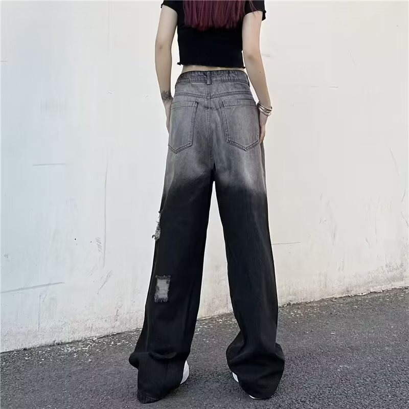 『癮品流行』美式漸變色破洞牛仔褲 設計感直筒褲 長褲寬鬆顯瘦 闊腿褲 男女同款 S-3XL-細節圖7