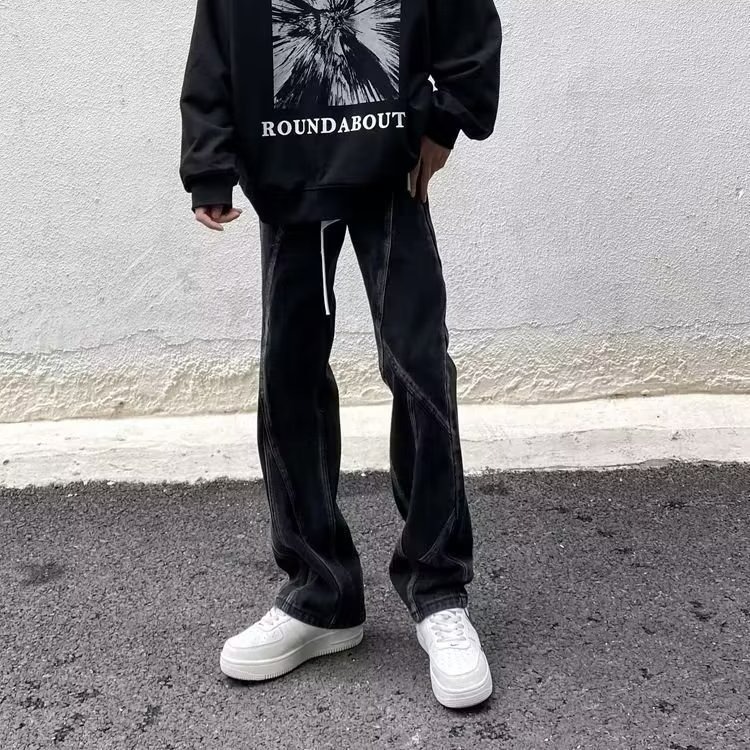 『癮品流行』美式復古水洗做舊 黃泥色牛仔長褲 直筒褲 束腿褲 九分褲 長褲 休閒百搭 男女同款 S-3XL-細節圖3