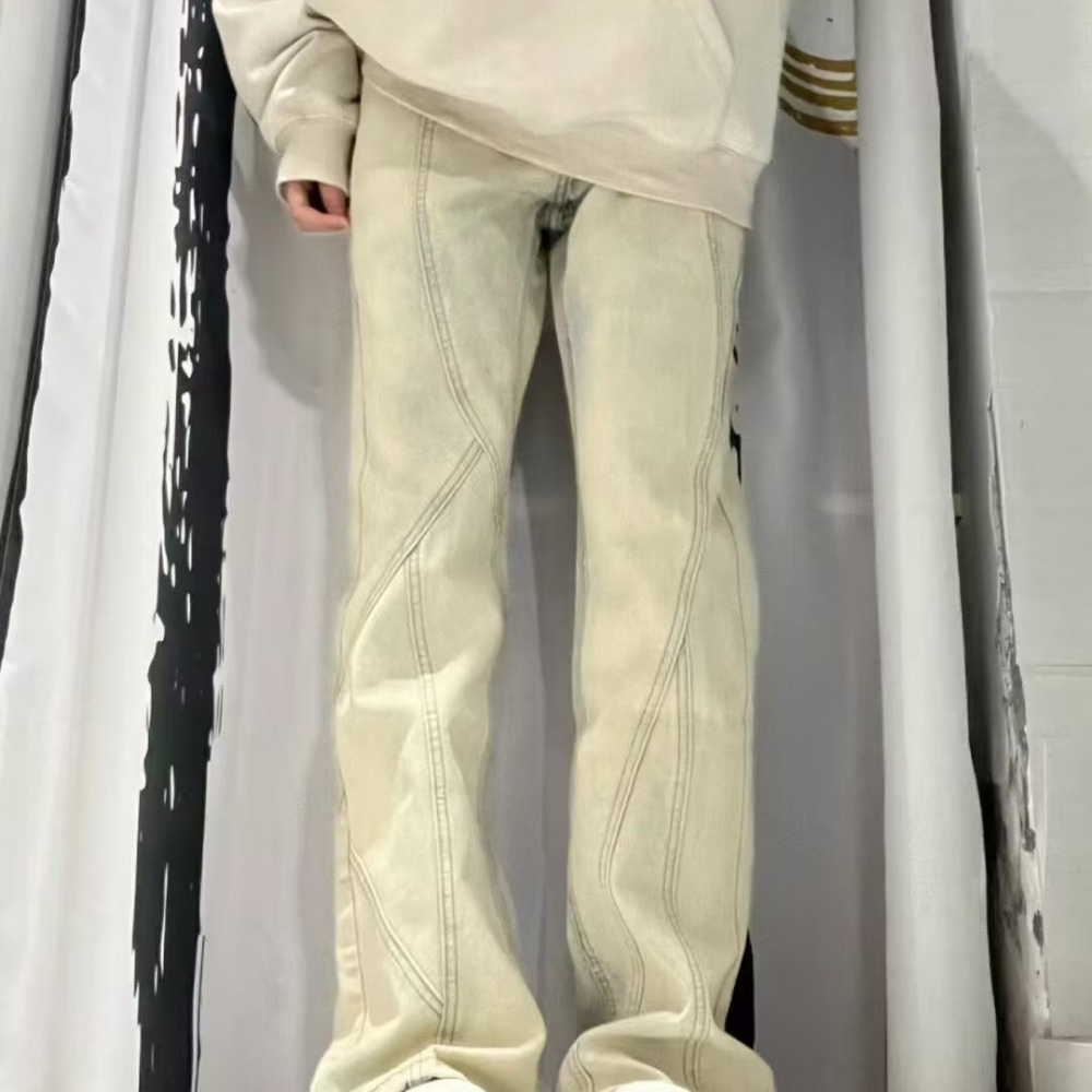 『癮品流行』美式復古水洗做舊 黃泥色牛仔長褲 直筒褲 束腿褲 九分褲 長褲 休閒百搭 男女同款 S-3XL-細節圖6