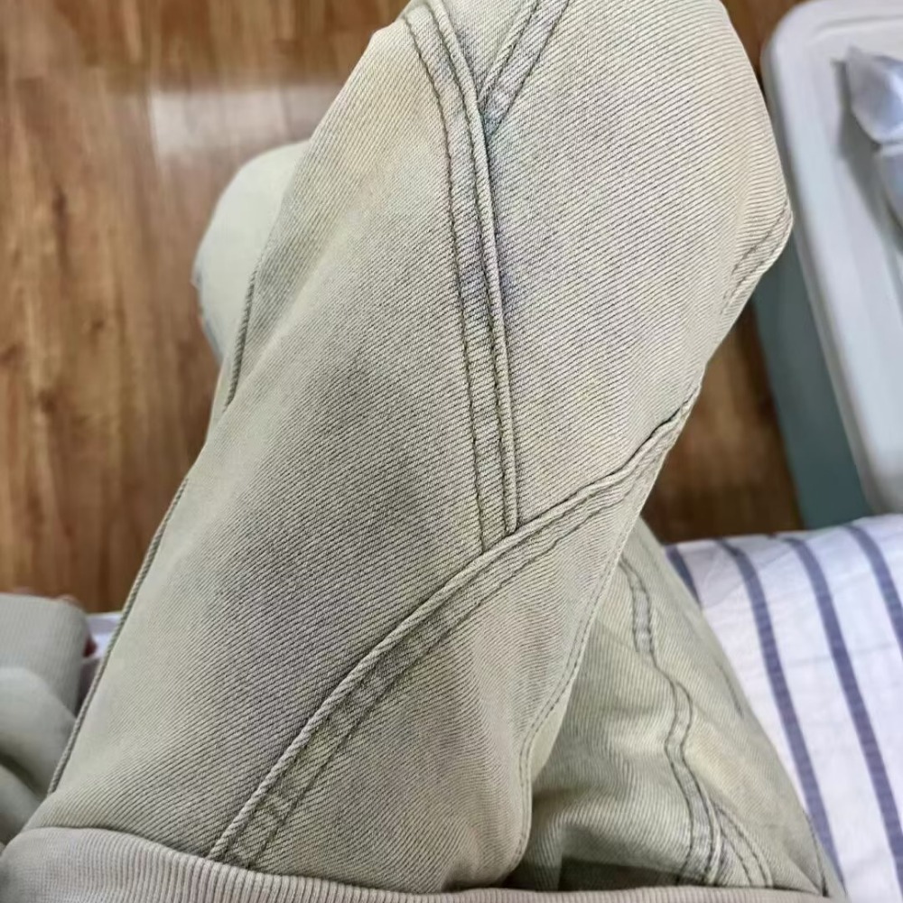 『癮品流行』美式復古水洗做舊 黃泥色牛仔長褲 直筒褲 束腿褲 九分褲 長褲 休閒百搭 男女同款 S-3XL-細節圖7