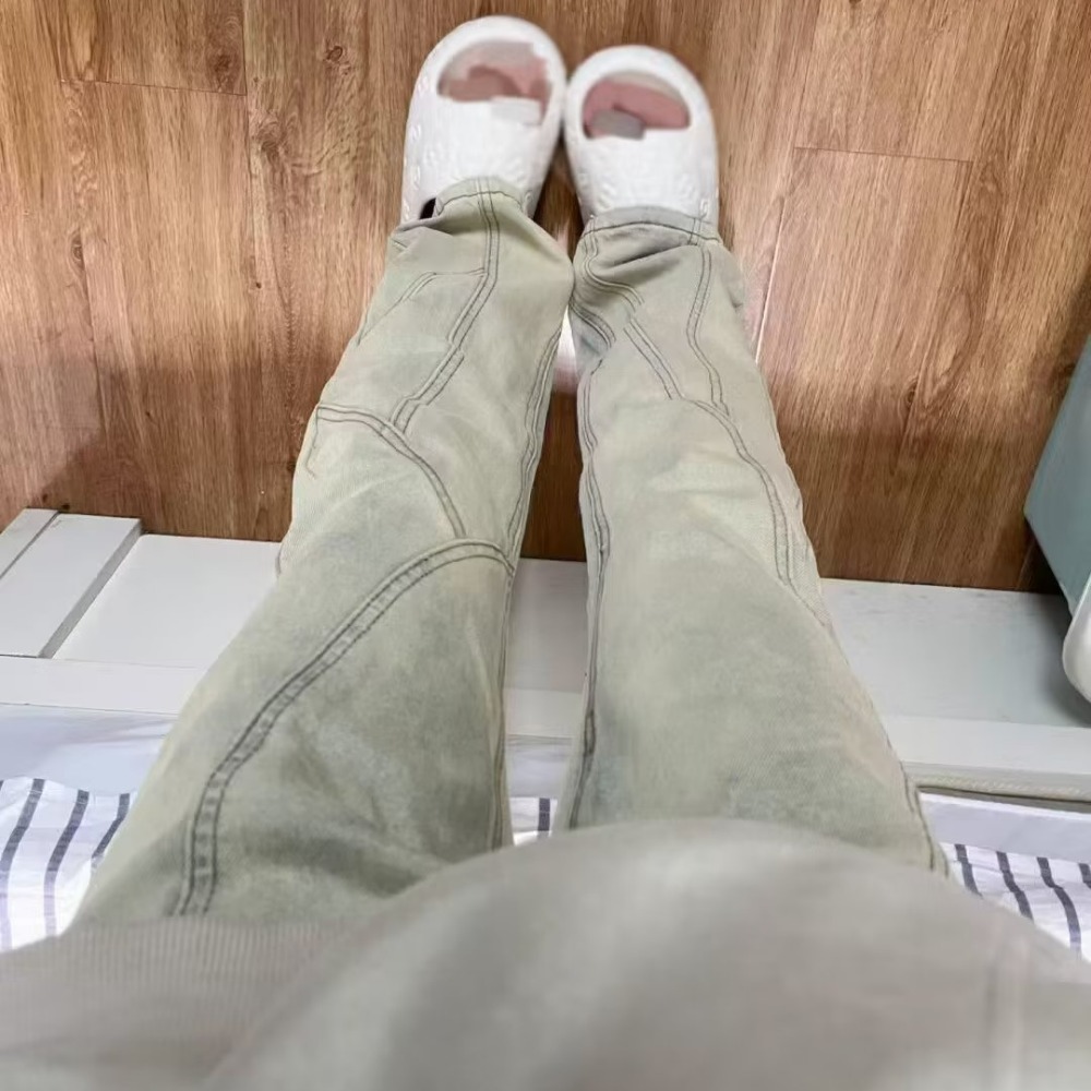 『癮品流行』美式復古水洗做舊 黃泥色牛仔長褲 直筒褲 束腿褲 九分褲 長褲 休閒百搭 男女同款 S-3XL-細節圖8