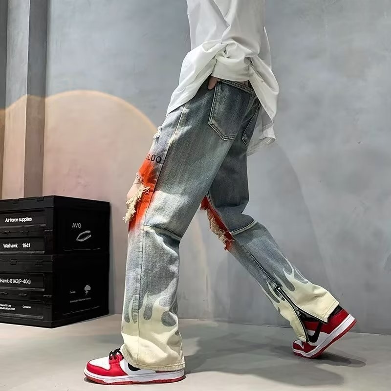 『癮品流行』美式復古印花牛仔褲 破洞褲 九分褲 直筒褲 長褲 修身顯瘦 百搭休閒 S-3XL-細節圖5