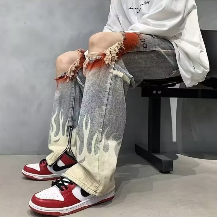 『癮品流行』美式復古印花牛仔褲 破洞褲 九分褲 直筒褲 長褲 修身顯瘦 百搭休閒 S-3XL-細節圖6