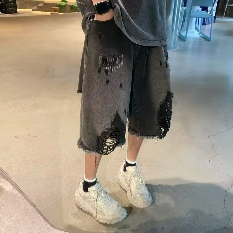 『癮品流行』夏季美式破洞褲 牛仔褲 五分褲 外穿中褲 夏季薄款  寬鬆闊腿 百搭休閒 S-3XL-細節圖3