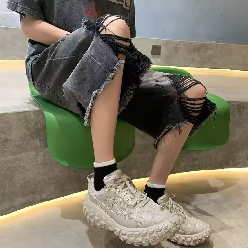 『癮品流行』夏季美式破洞褲 牛仔褲 五分褲 外穿中褲 夏季薄款  寬鬆闊腿 百搭休閒 S-3XL-細節圖4