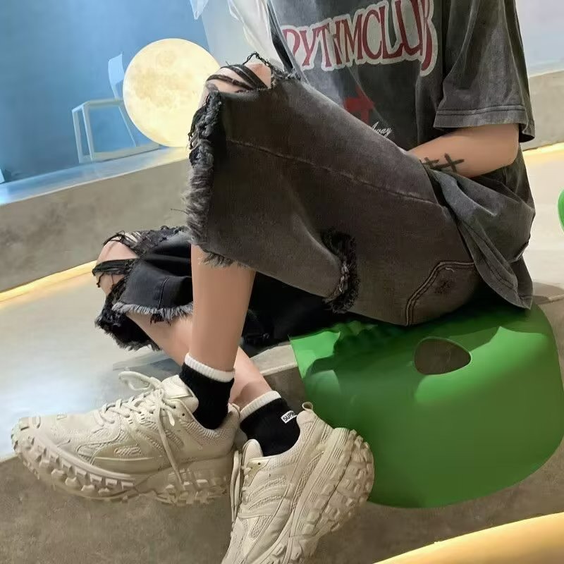 『癮品流行』夏季美式破洞褲 牛仔褲 五分褲 外穿中褲 夏季薄款  寬鬆闊腿 百搭休閒 S-3XL-細節圖5