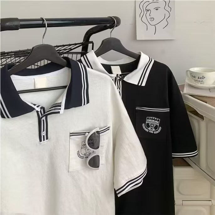 『癮品流行』夏季男韓版上衣 學院風POLO衫 T恤 寬鬆休閒 五分袖 男女同款 M-3XL-細節圖3